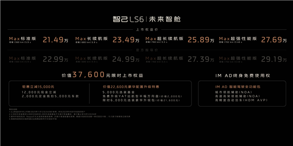 “超级爆品”智己LS6正式上市，上市权益价21.49万-27.69万元